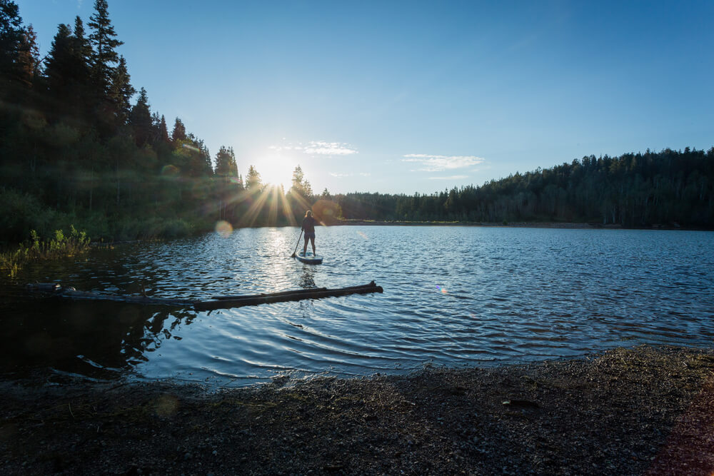 A man paddle boarding on a lake in Rocky Mountain National Park near Estes Park
